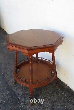 Late 1800s Victorian Octagon Tiger Oak Carved Side End Table 5096