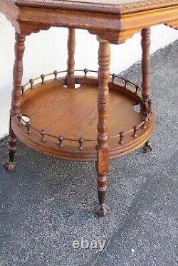 Late 1800s Victorian Octagon Tiger Oak Carved Side End Table 5096