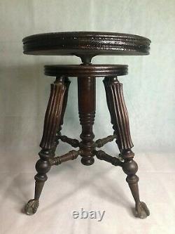 Late 1800s Victorian Tonk Chicago Claw Glass Ball Foot Swivel Piano Organ Stool