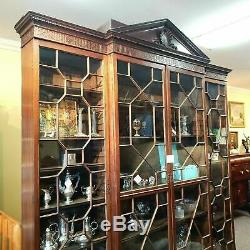 Late 18th C English Chinese Chippendale Mahogany Breakfront Cabinet Bookcase