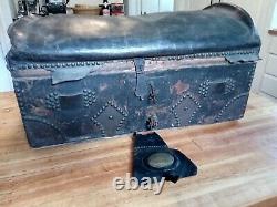 Late 18th-Early 19th century leather trunk with brass tacks & name plate