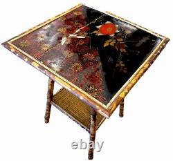 Late 19Th Century Chinoiserie Hand Painted Tiger Bamboo Woven Base Side Table