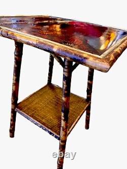 Late 19Th Century Chinoiserie Hand Painted Tiger Bamboo Woven Base Side Table