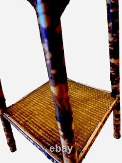 Late 19Th Century Chinoiserie Hand Painted Tiger Bamboo Woven Base Side Table