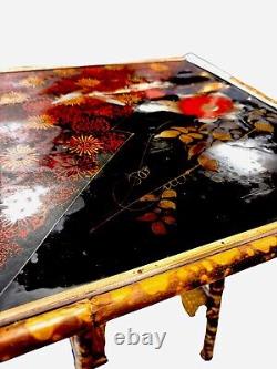 Late 19Th Century Chinoiserie Hand Painted Tiger Bamboo Woven Base Side Table