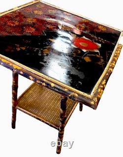 Late 19Th Century Chinoiserie Hand Painted Tiger Bamboo Woven Base Side Table