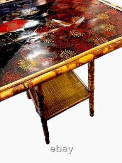 Late 19Th Century Chinoiserie Hand Painted Tiger Bamboo Woven Base Side Table