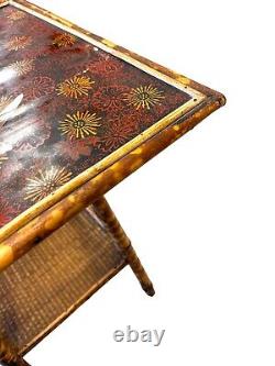 Late 19Th Century Chinoiserie Hand Painted Tiger Bamboo Woven Base Side Table