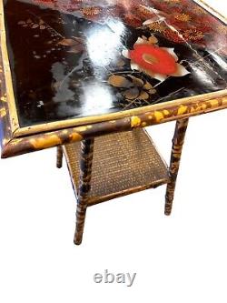 Late 19Th Century Chinoiserie Hand Painted Tiger Bamboo Woven Base Side Table