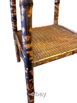 Late 19Th Century Chinoiserie Hand Painted Tiger Bamboo Woven Base Side Table