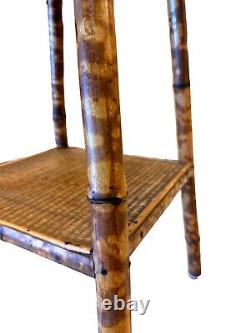 Late 19Th Century Chinoiserie Hand Painted Tiger Bamboo Woven Base Side Table