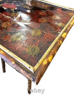 Late 19Th Century Chinoiserie Hand Painted Tiger Bamboo Woven Base Side Table