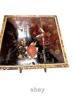 Late 19Th Century Chinoiserie Hand Painted Tiger Bamboo Woven Base Side Table