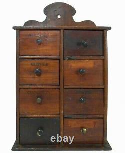 Late 19th C American Antique Sm 8-drawer Laquered Wd Hanging Spice Wall Cabinet