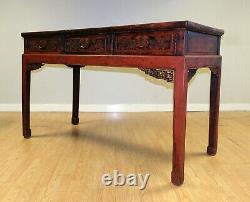 Late 19th C Red Lacquered Chinese Chipendale Console Table With Three Drawers