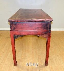 Late 19th C Red Lacquered Chinese Chipendale Console Table With Three Drawers