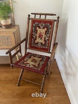 Late 19th Century Antique Folding Tapestry Chair Victorian Wood Leather Floral