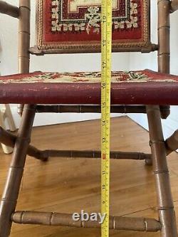 Late 19th Century Antique Folding Tapestry Chair Victorian Wood Leather Floral