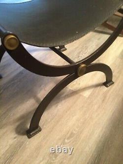 Late 19th Century Antique French Empire Wrought Iron, Brass and Leather Stool