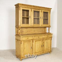 Late 19th Century Antique Pine Large Cupboard Cabinet With Upper Glass Doors