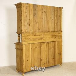Late 19th Century Antique Pine Large Cupboard Cabinet With Upper Glass Doors
