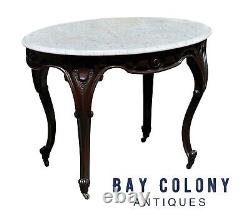 Late 19th Century Antique Victorian Marble Top Carved Walnut Oval Parlor Table