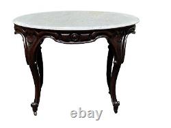 Late 19th Century Antique Victorian Marble Top Carved Walnut Oval Parlor Table