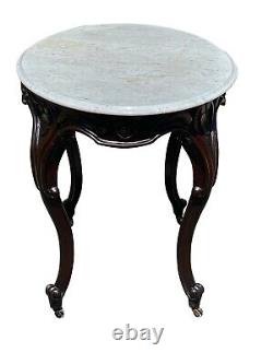 Late 19th Century Antique Victorian Marble Top Carved Walnut Oval Parlor Table