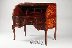 Late 19th Century Dutch Rococo Style Marquetry Roll Top Cylindrical Desk