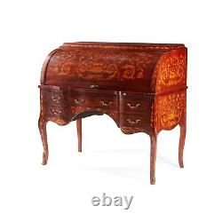 Late 19th Century Dutch Rococo Style Marquetry Roll Top Cylindrical Desk
