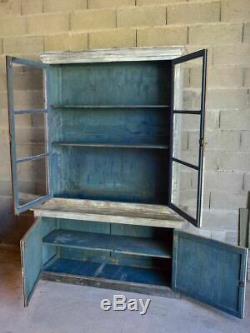 Late 19th Century French glass door cabinet / vitrine with grey and teal patina