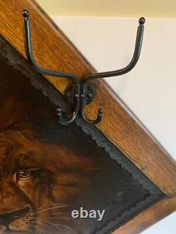 Late 19th Century Unique Hall Hat Rack Oil Painting Full Head Lion Backdrop