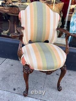 Late 19th/ Early 20th Century Richly Carved Accent Chair With Stripped Upholster