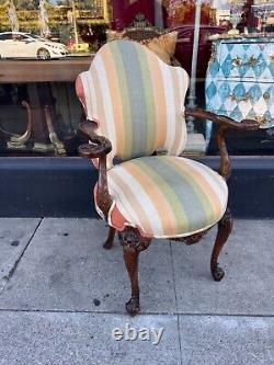 Late 19th/ Early 20th Century Richly Carved Accent Chair With Stripped Upholster