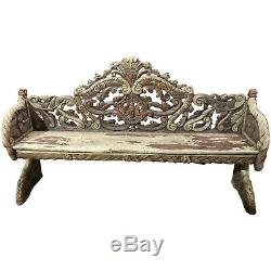 Late 19th c Italian Carved & Polychrome Painted Wooden Bench