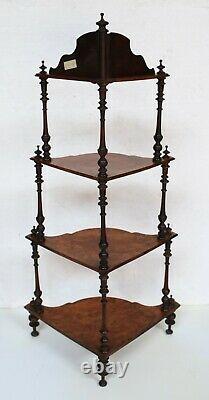 Late 19th century Victorian English Burl Walnut What-Not Corner Shelf 4 tiers