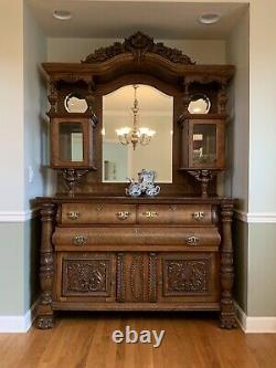 Late 19th century carved wood mirrored large antique sideboard