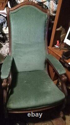 Late 19th century hand-carved wooden rocking Chair green velvet