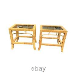 Late 20th Century Bielecky Brothers Style Pair Wrapped Wicker End Tables
