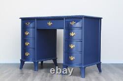 Late 20th Century Double Pedestal Blue Desk, Blue Desk, Mahogany Desk