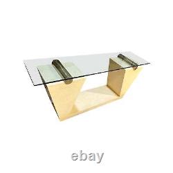 Late 20th Century Postmodern Art Deco Faux Marble Brass Glass Console Sofa Table