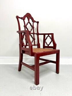 Late 20th Century Red Lacquered Carved Wood & Cane Asian Style Armchair