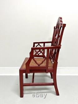 Late 20th Century Red Lacquered Carved Wood & Cane Asian Style Armchair