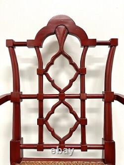 Late 20th Century Red Lacquered Carved Wood & Cane Asian Style Armchair