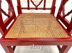 Late 20th Century Red Lacquered Carved Wood & Cane Asian Style Armchair