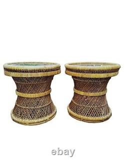 Late 20th Century Vintage Boho Coastal Woven Rattan & Bambo Drink/Side Tables