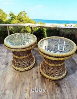 Late 20th Century Vintage Boho Coastal Woven Rattan & Bambo Drink/Side Tables