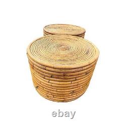 Late 20th Century Wrapped Rattan Brown Round Barrel Drum Tables a Pair