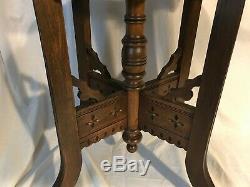 Late Victorian Antique Marble Top Side Accent Table Nightstand Carved Oak
