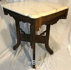 Late Victorian Antique Marble Top Side Accent Table Nightstand Carved Oak